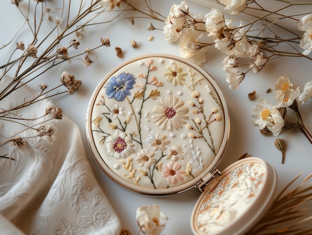 Haftowany wieniec kwiatowy na lnie